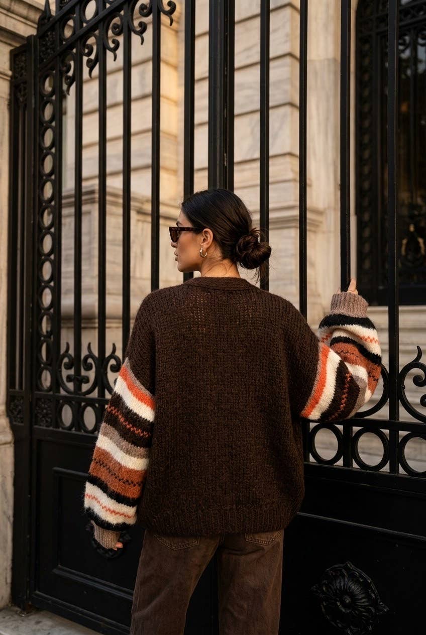 Chaqueta de punto con mangas a rayas abotonado: Marrón